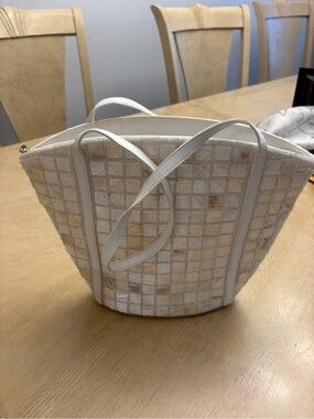 Moda International White Mosaic Tile Tote with Cream Accents